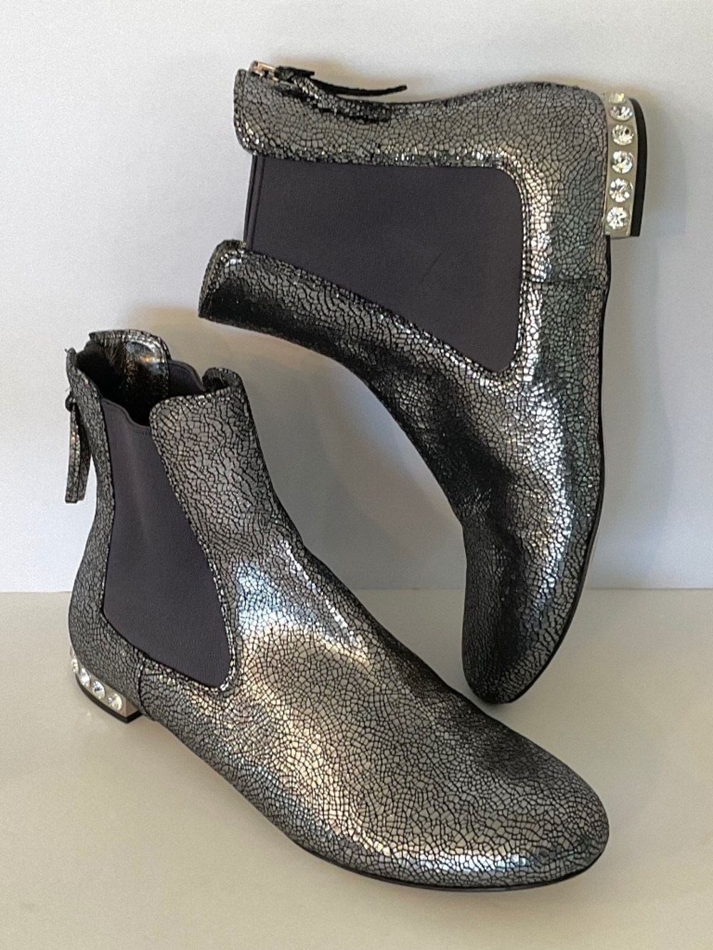 MIU MIU Crackled Silver Metallic Leather Crystal Heel Ankle Boots Sz EU 37
